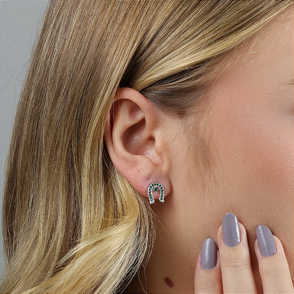 Brinco ferradura zirconia  verde esmeralda  prata  925