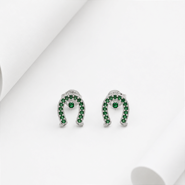 Brinco ferradura zirconia verde esmeralda prata 925