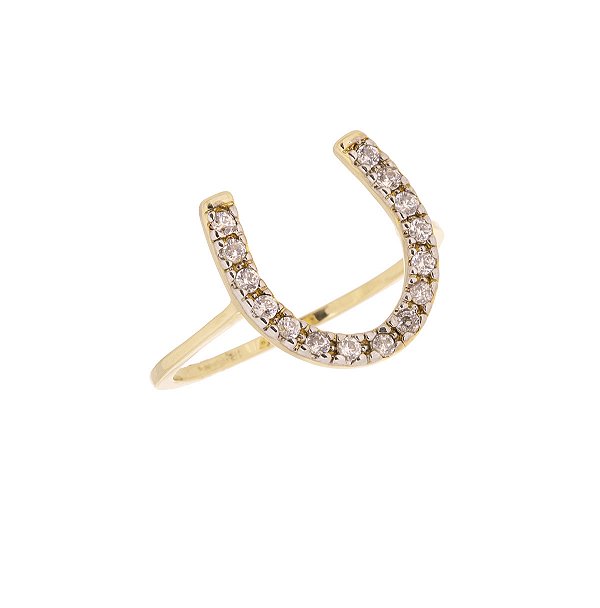 Anel ferradura zirconia cravejada prata 925 banhado a ouro 18k