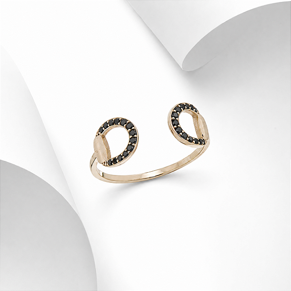 Anel meio bridão duplo zirconia negra prata 925 banhado ouro 18k
