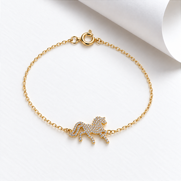 Pulseira cavalo cravejada em prata 925 banhada ouro 18k