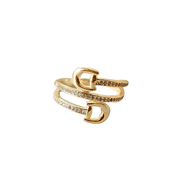Anel bridão duplo zircônia cravejada prata 925 banhado a ouro 18k