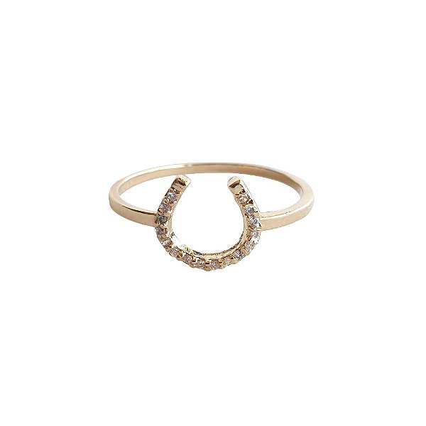 Anel ferradura zircônia cravejada prata 925 banhado ouro 18k