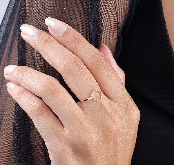 Anel ferradura  zircônia  cravejada prata 925 banhado ouro 18k