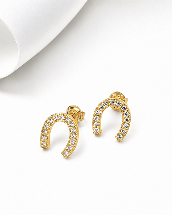 Brinco ferradura zircônia cravejada prata 925 banhado a ouro