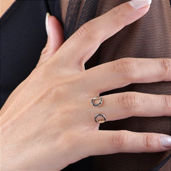 Anel bridão duplo cravejado em ouro 18k ajustável