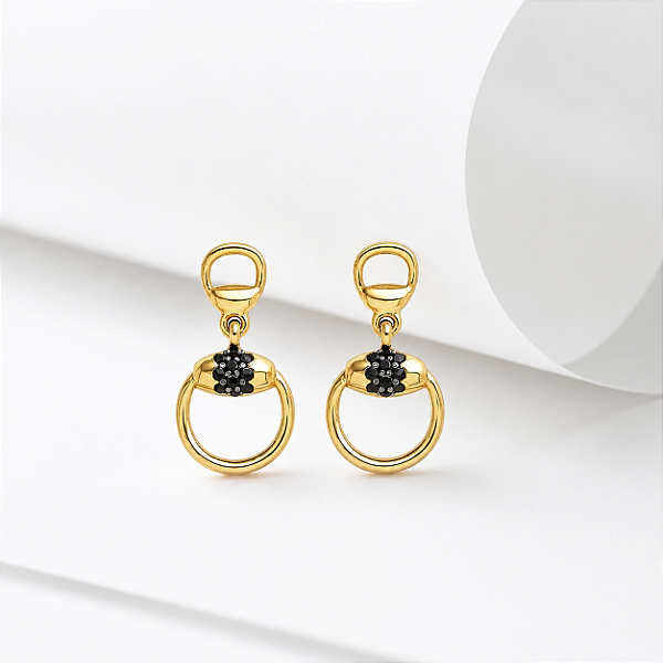 Brinco pendente bridão zircônia negra em ouro 18k
