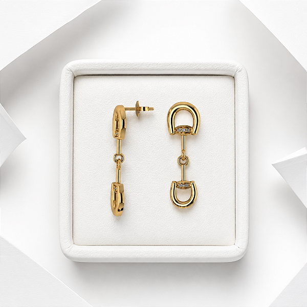 Brinco bridão mini pendente prata 925 banhado a ouro