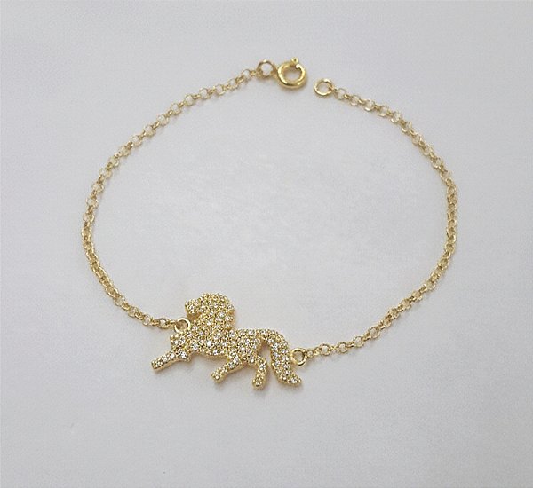Pulseira cavalo cravejada prata 925 banhada a ouro 18k