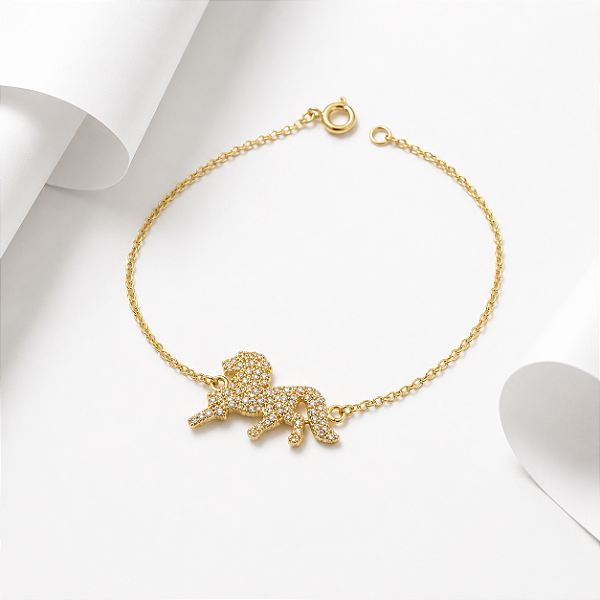 Pulseira cavalo cravejada prata 925 banhada a ouro 18k
