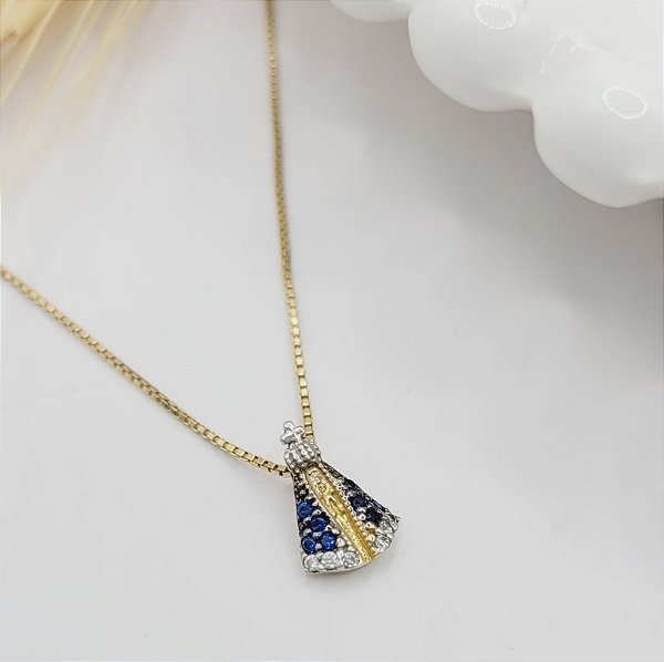 Colar Nossa Senhora Aparecida cravejada ouro 18k