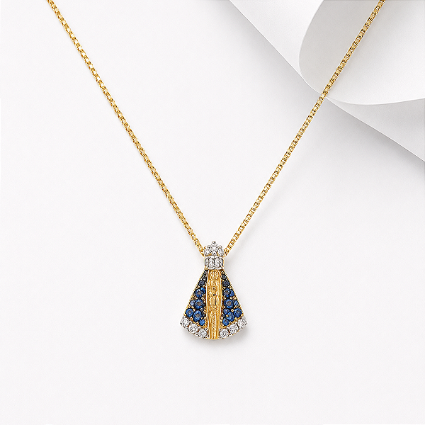 Colar Nossa Senhora Aparecida cravejada ouro 18k