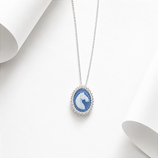 Colar camafeu cavalo ágata azul prata 925