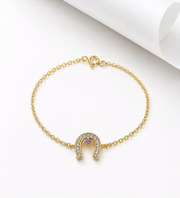 Pulseira ferrdura ponto de luz lilas prata 925 banhado ouro o