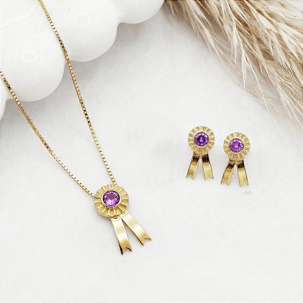 Conjunto escarapela prata 925 banhado ouro 18k