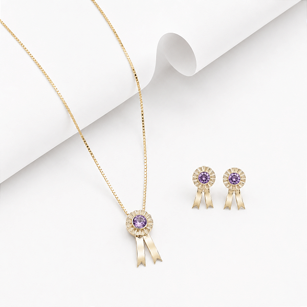 Conjunto escarapela prata 925 banhado ouro 18k