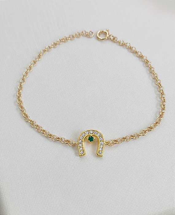 Pulseira ferrdura ponto de luz verde prata 925 banhado ouro o
