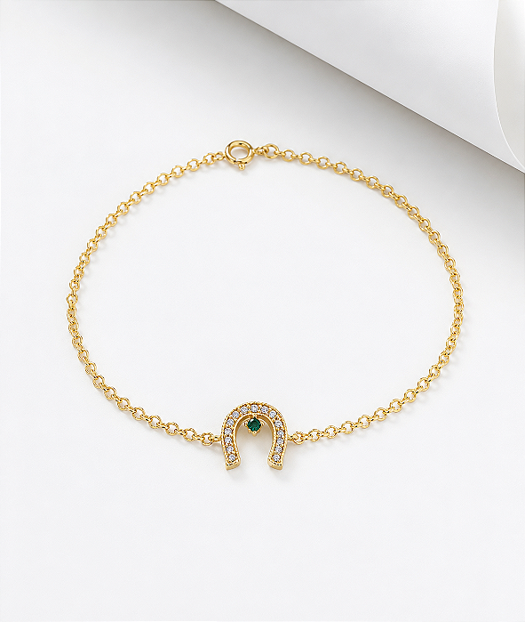 Pulseira ferrdura ponto de luz verde prata 925 banhado ouro o