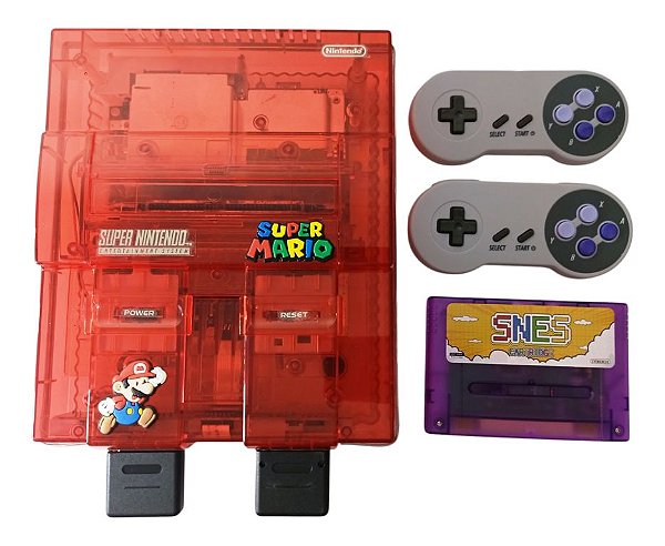 Console Super Nintendo "Crystal Red" controles sem fio + Flashcard (1000 Jogos)