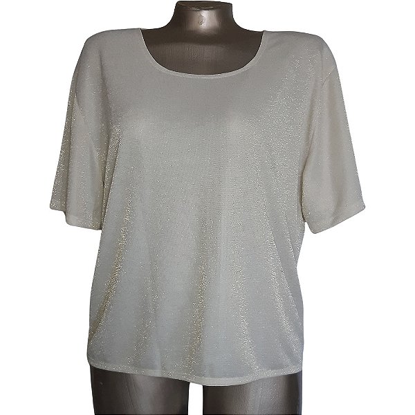 Blusa de Brilho Branca com Lurex Dourado e Manga Curta
