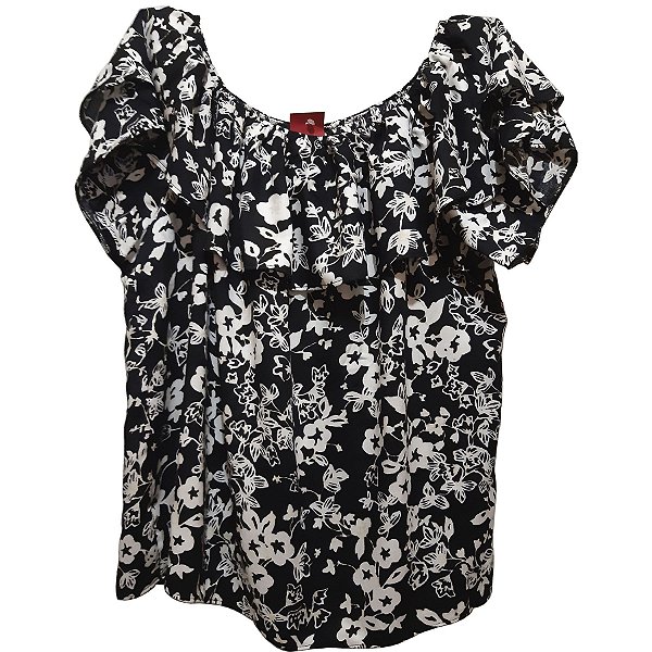 Blusa Ciganinha de Viscose Preto e Branca Plus Size