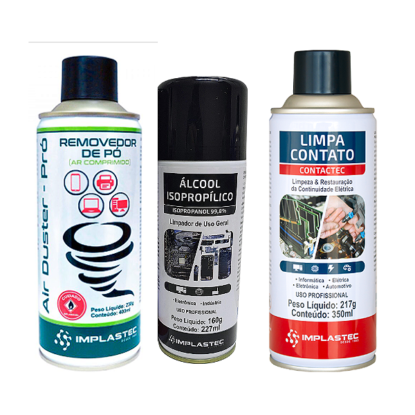 Kit Implastec Spray Isopropanol + Limpa Contato + Air Duster