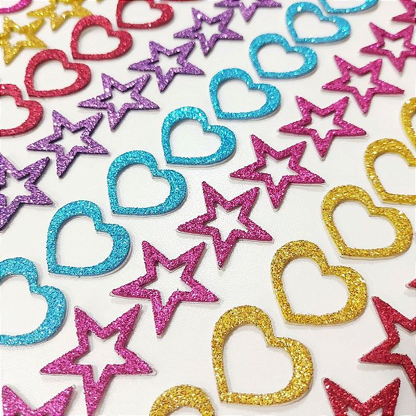 Adesivos EVA Glitter Estrela Coração - 20 unidades