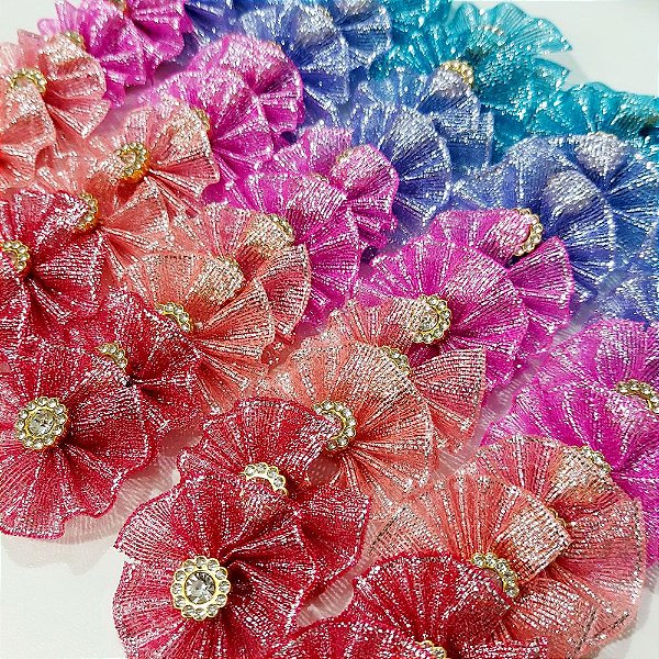 Laço Fuxico Lurex Pedraria - 10 unidades