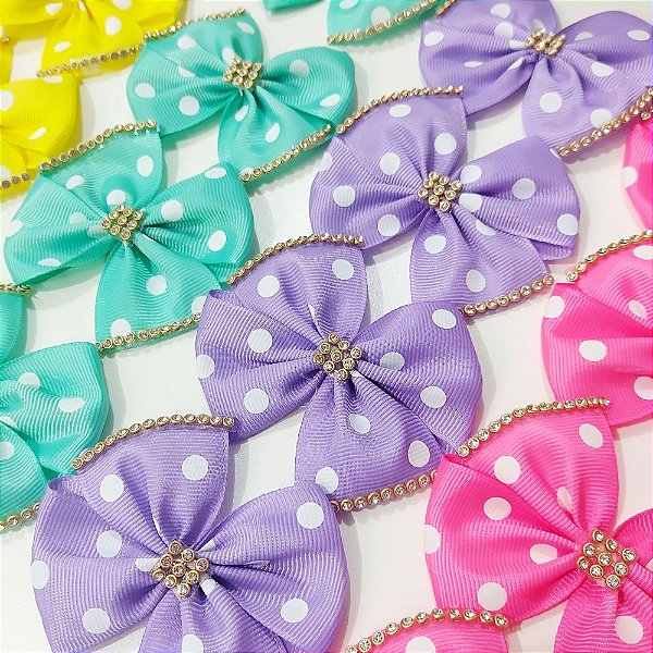 Laço Maxi 4 Pontas Estampado Poá Strass - 10 unidades