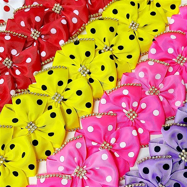 Laço Maxi 4 Pontas Estampado Poá Strass - 10 unidades