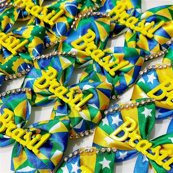 Laço Maxi 4 Pontas Estampado Strass Copa Brasil - 10 unidades
