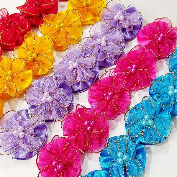 Laço Fuxico Duplo Flor Voil Ouro - 10 unidades