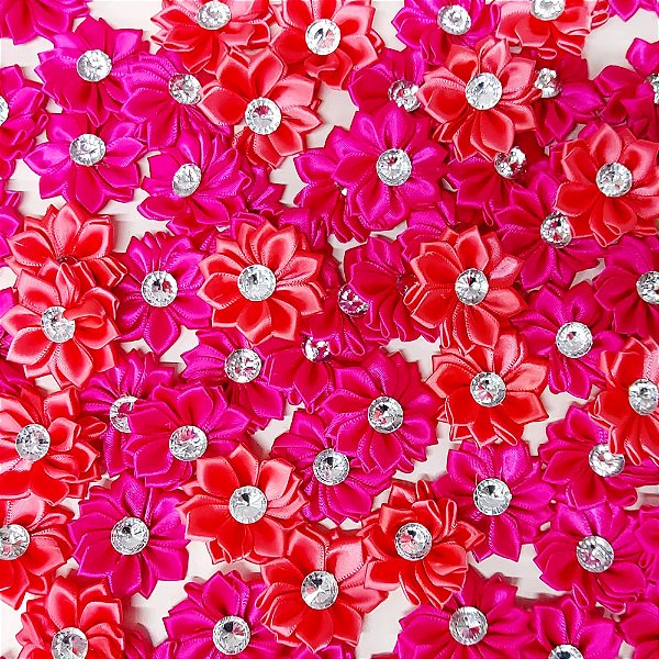 Laço de Penteado Flor Cetim Pedraria - 10 unidades