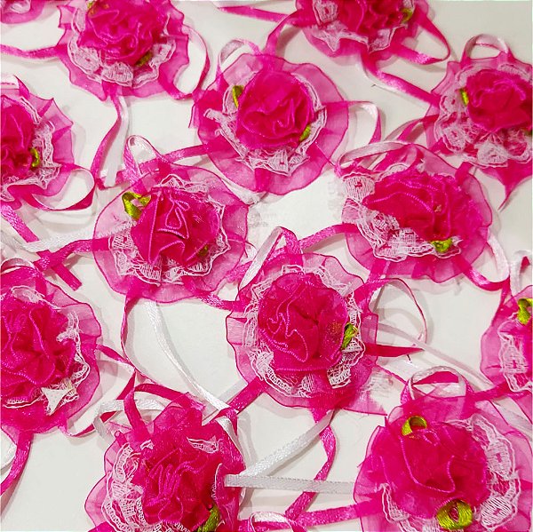 Laço de Penteado Fuxico Voil Flor Outubro Rosa - 10 unidades