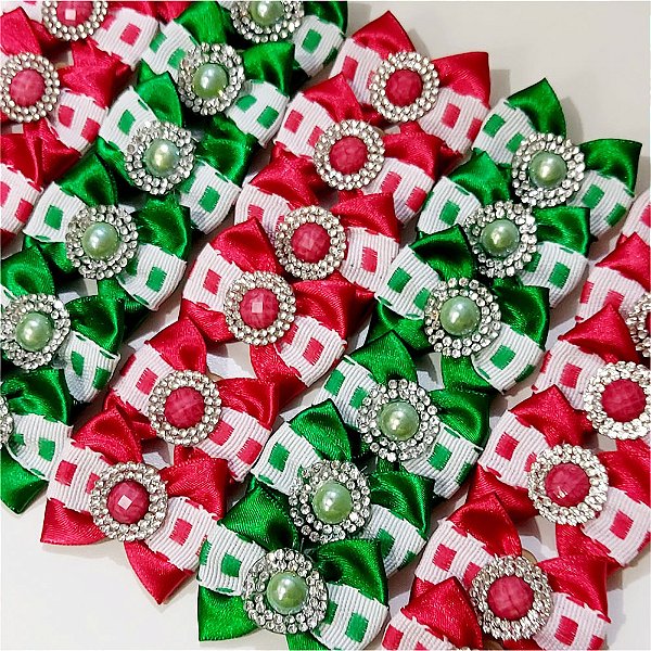 Laço Borboleta Duplo Galão Strass de Natal - 10 unidades