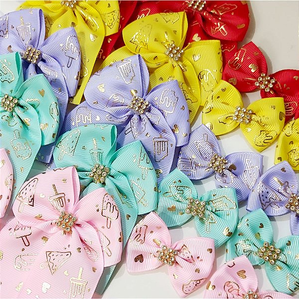 Conjunto Laço Estampado Sorvete Ouro Strass - 10 unidades