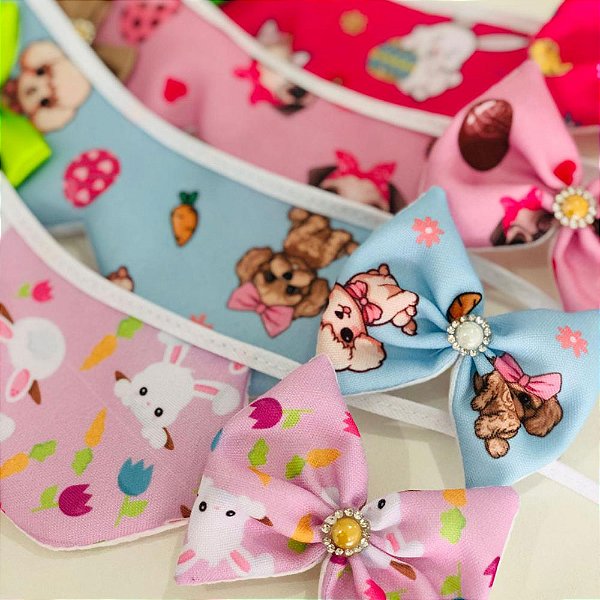 Conjunto Laço e Gargantilha Tricoline Estampado Páscoa - 10 unidades