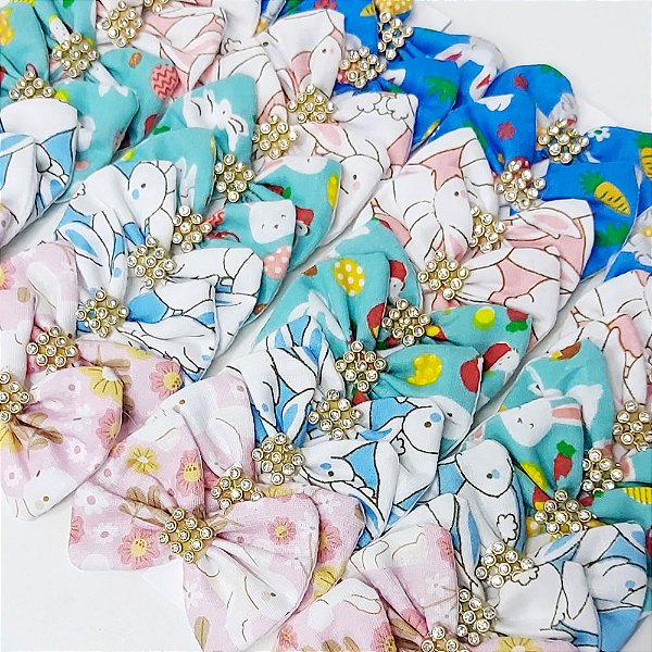 Laço Borboleta Tecido Estampado Strass de Páscoa - 10 unidades