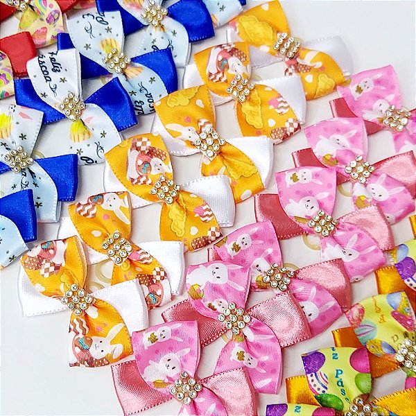 Laço X Duplo Estampado Strass de Páscoa - 10 unidades