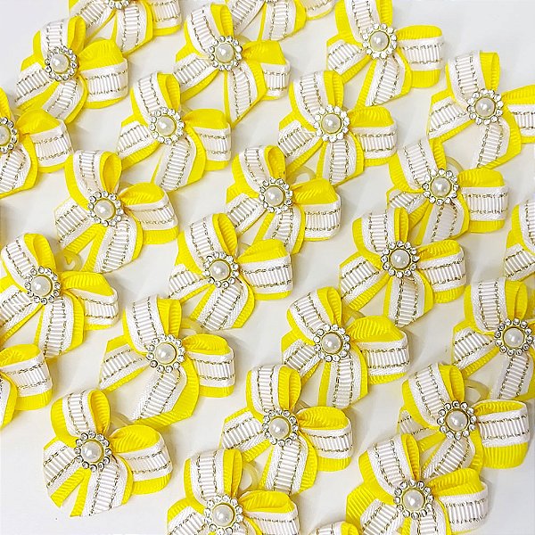 Laço de Ponta Mini Duplo Pespontada Ouro Pedraria Ano Novo - 10 unidades