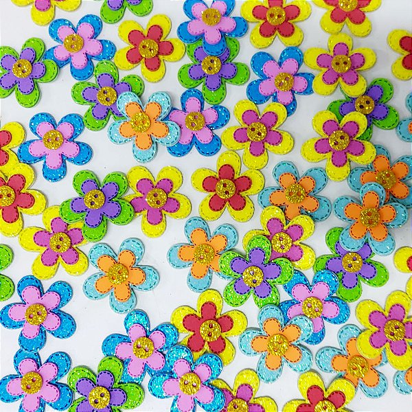 Adesivos EVA Glitter Flor Duplo - 10 unidades