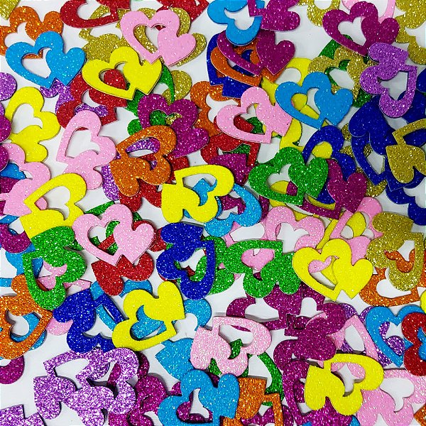 Adesivos EVA Glitter Coração Duplo Vazado - 20 unidades