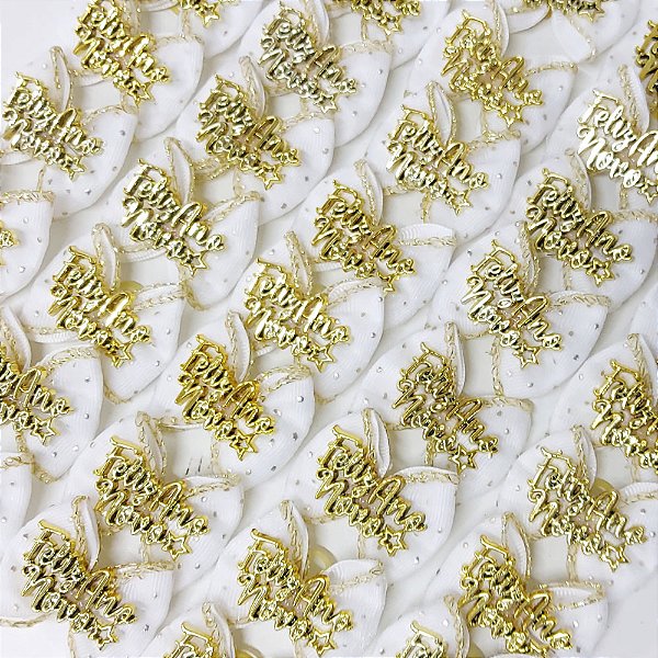 Laço Borboleta Duplo Voil Pespontada Ouro Botão Ano Novo - 10 unidades