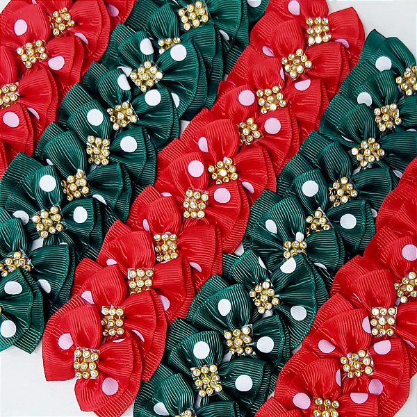 Laço Fuxico Folha Estampado Poá Strass Natal - 10 unidades