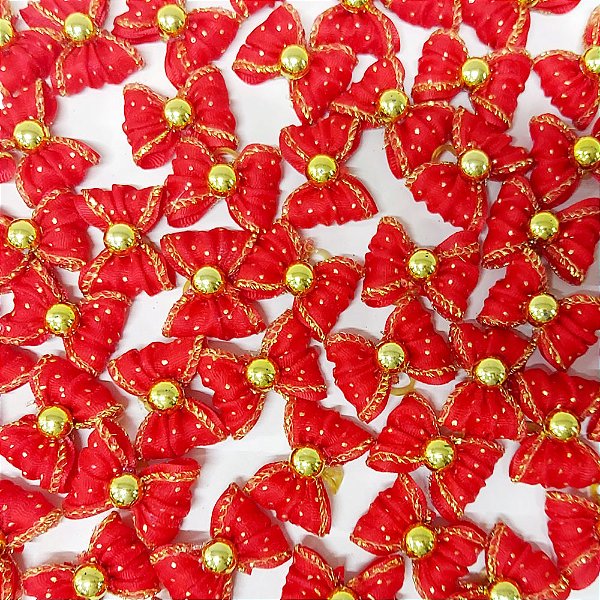 Laço Borboleta Resinado Pespontada Ouro Pérola Natal - 10 unidades