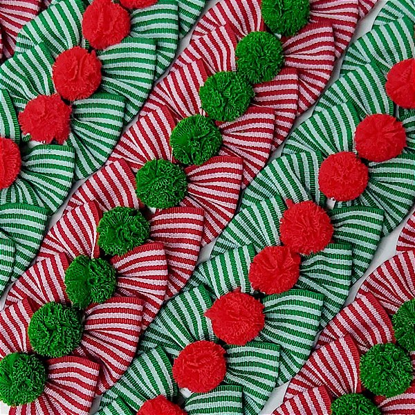 Laço Borboleta Listrado Pompom Malha Natal - 10 unidades