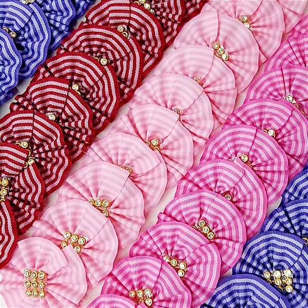 Laço Fuxico Estampado Listrado Strass - 10 unidades
