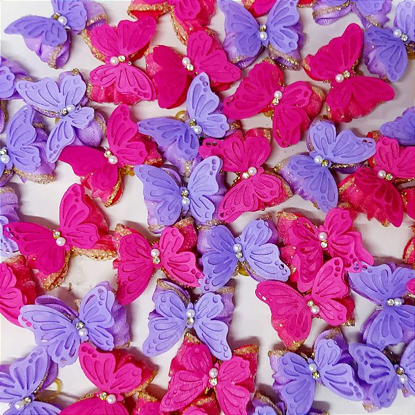 Laço Borboleta Duplo Resinado Voil Ouro Borboleta Tecido - 10 unidades