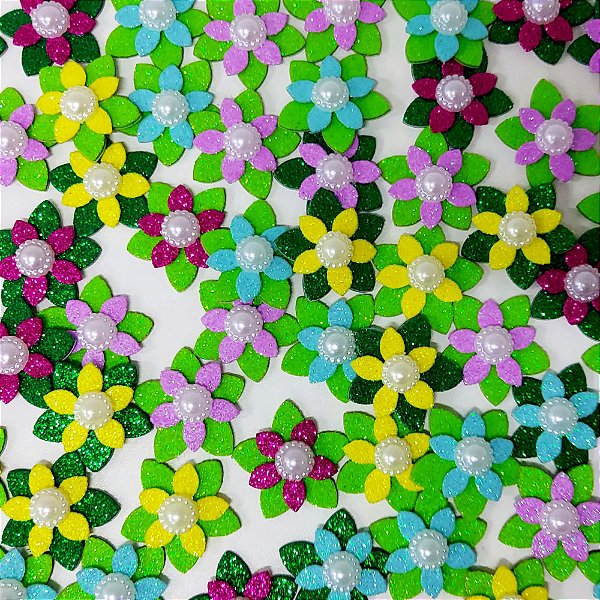 Adesivos EVA Glitter Flor Duplo Mod.2 - 10 unidades