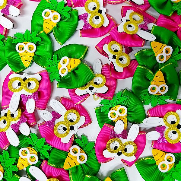 Laço Borboleta Pespontada Ouro EVA Coelha Cenoura Páscoa - 10 unidades